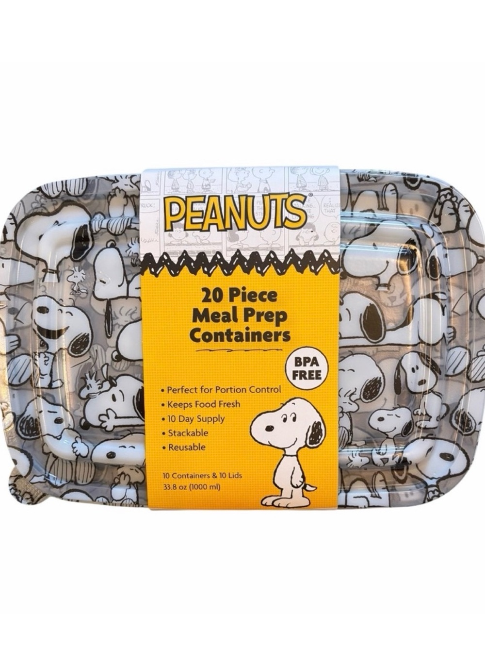 Peanuts Snoopy Black and White 20pc Meal Prep Storage Containers - Brand New